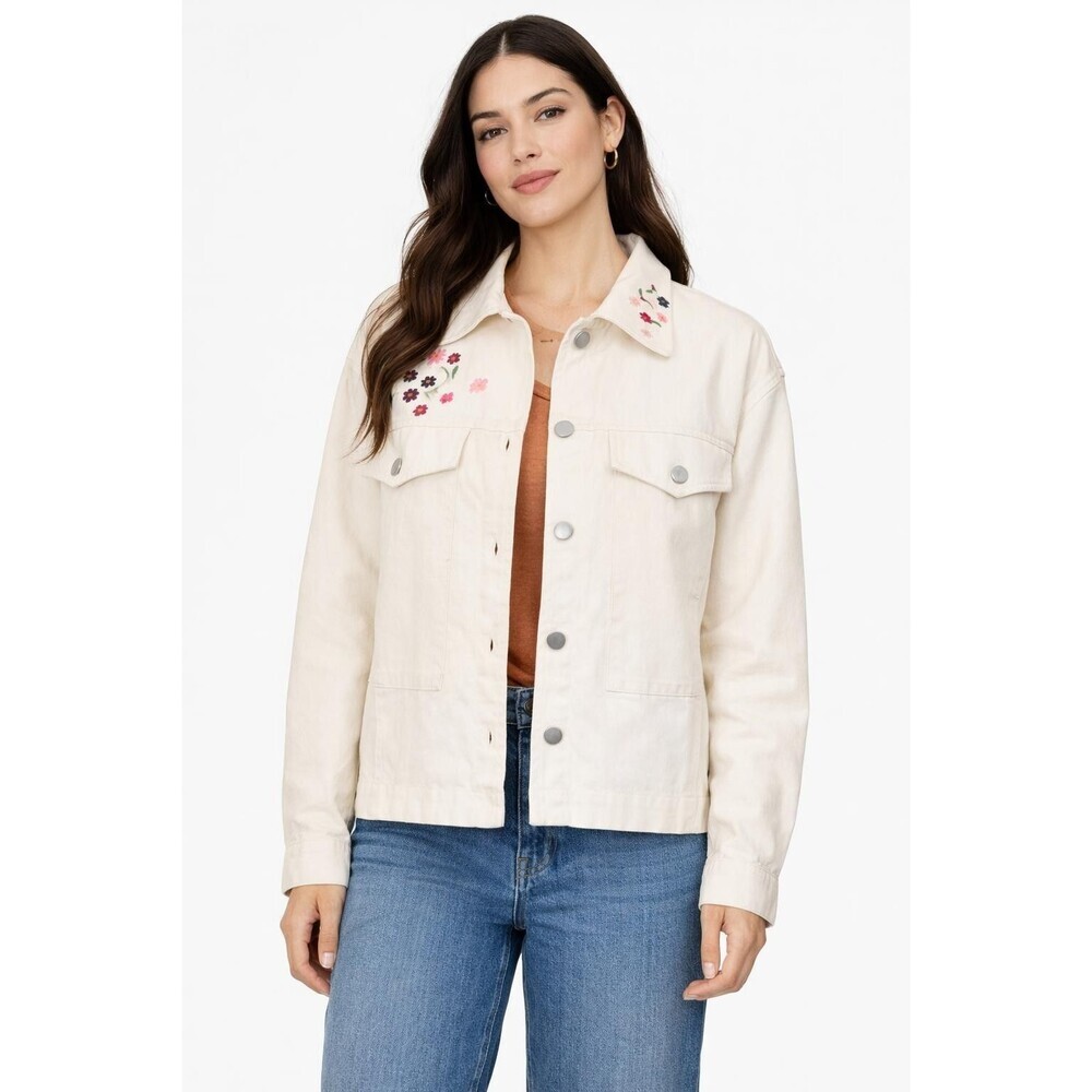 Dolan Jacket Women's XL Cream Embroidered Floral Denim Button Front Boho Rodeo